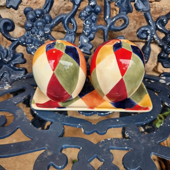 Colorful Harlequin Hand-Painted Salt & Pepper Shakers With Matching Tray - Picture 1 of 6